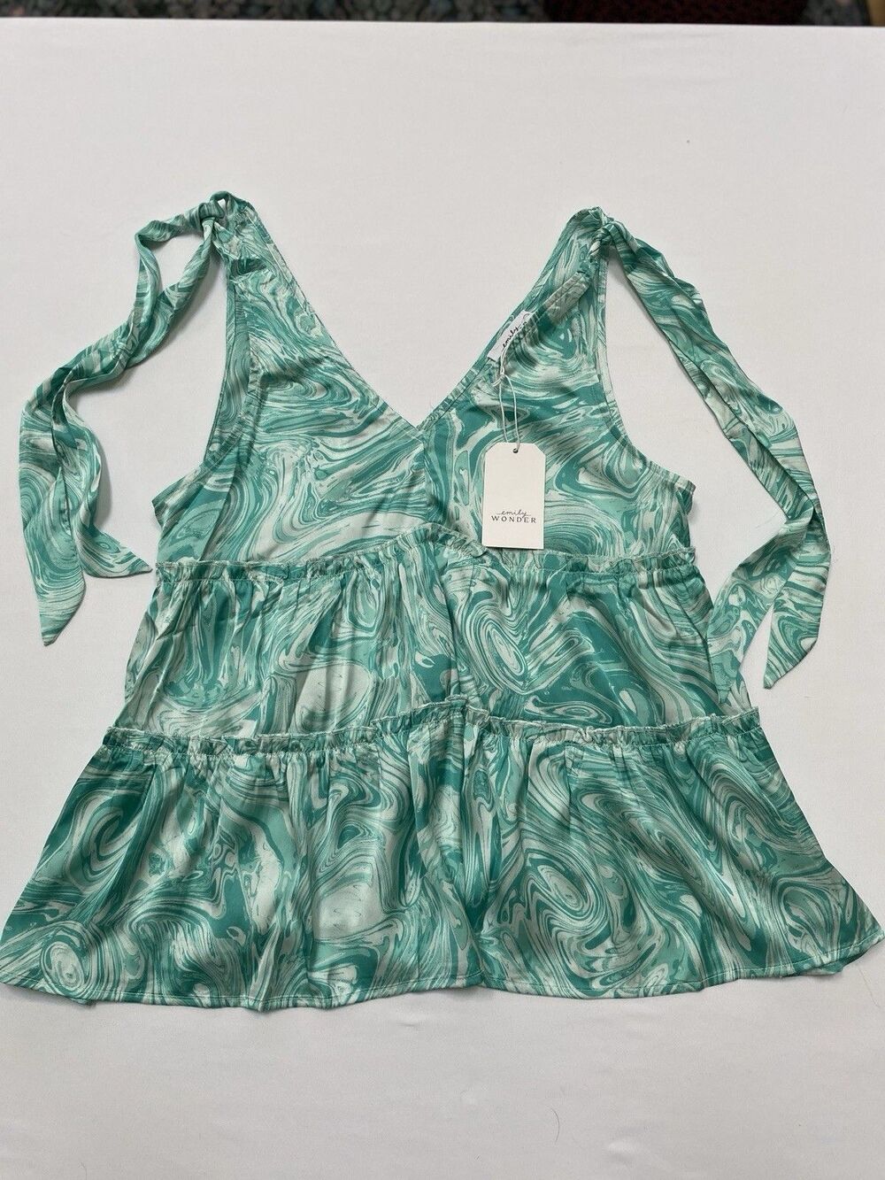 Emily Wonder Small Green Marble Tiered Cami Tank Top Tie Shoulder Y2K